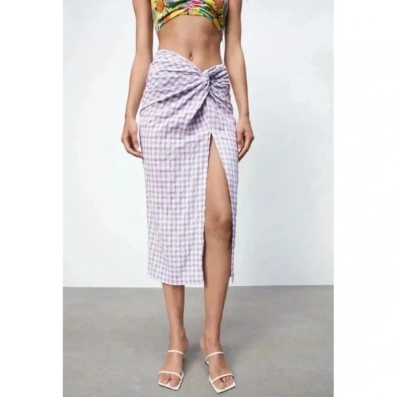 NWT Zara Plaid  Gingham Pastel Twist Front Skirt - Picture 9 of 9